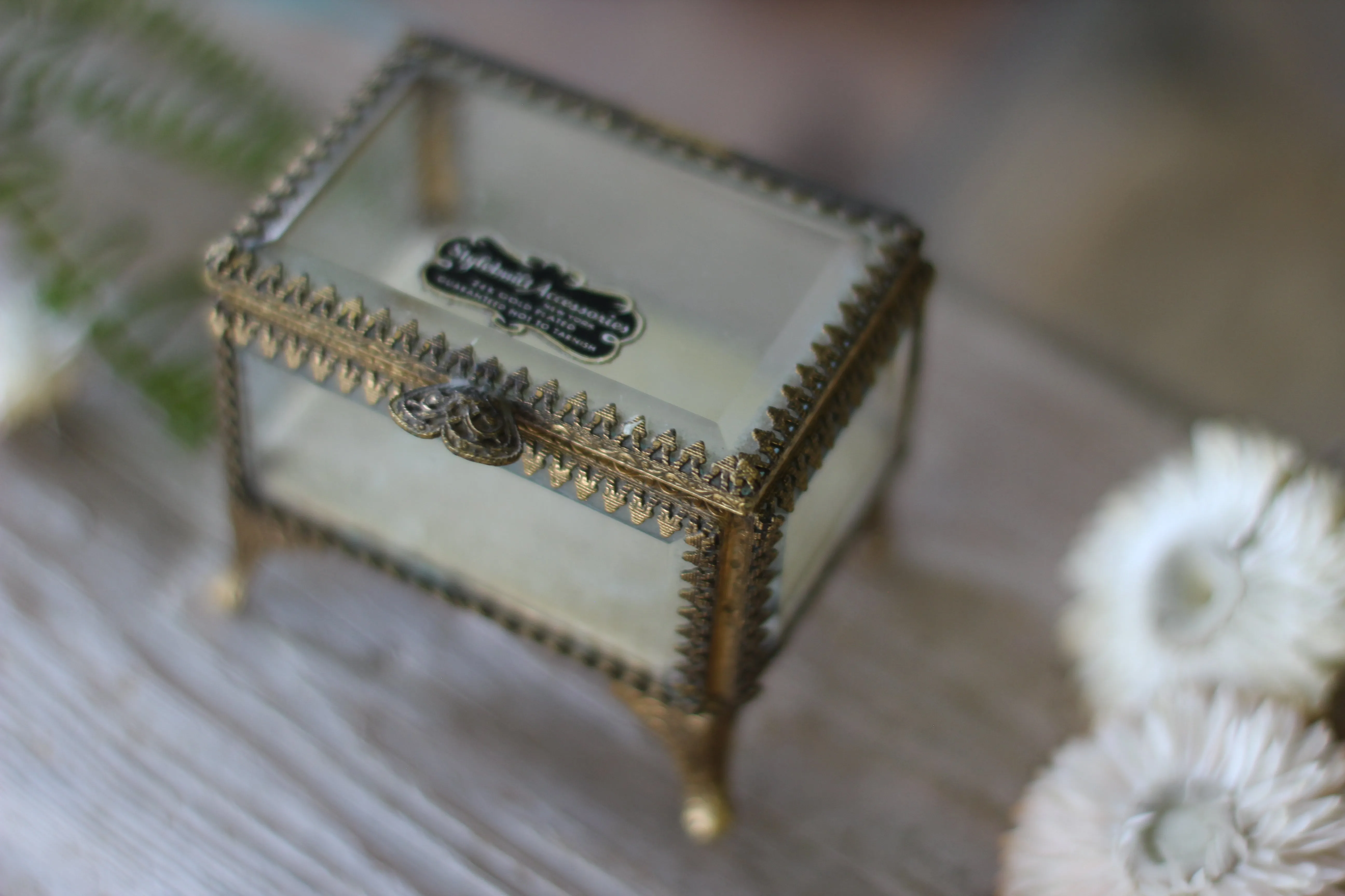 Vintage Small Ormolu Beveled Glass Jewelry Box
