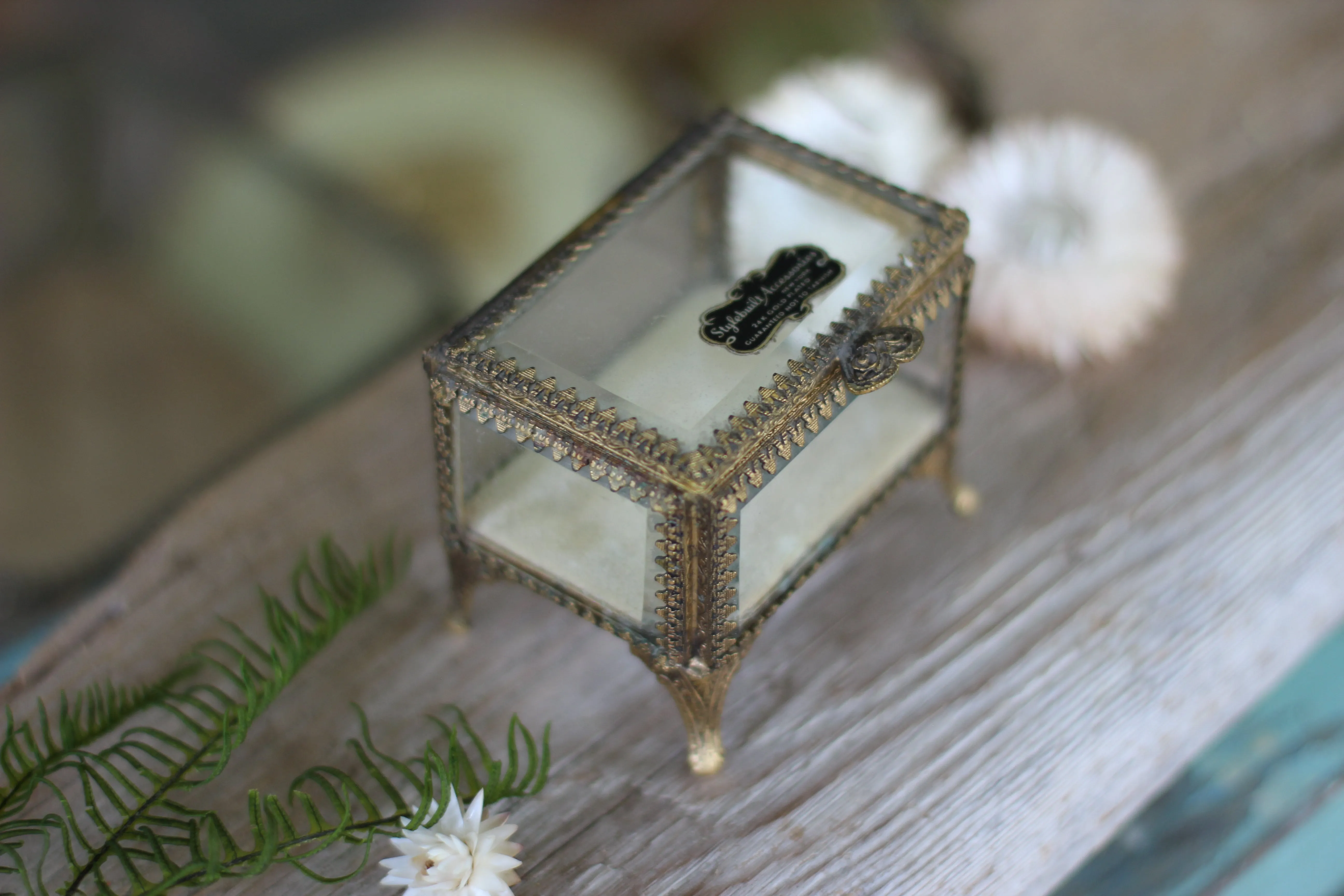 Vintage Small Ormolu Beveled Glass Jewelry Box