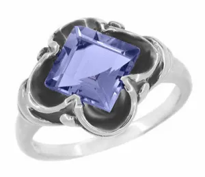 Vintage Style Victorian Square Iolite Ring in 14 Karat White Gold