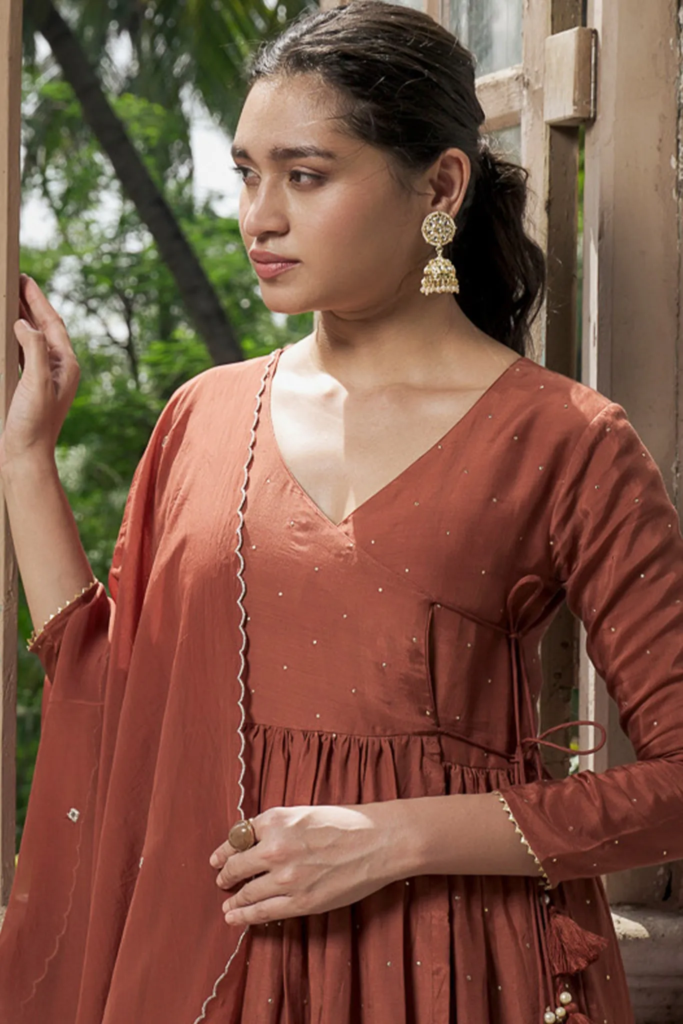 Walnut Brown Angrakha with Mukes Work and Tassels