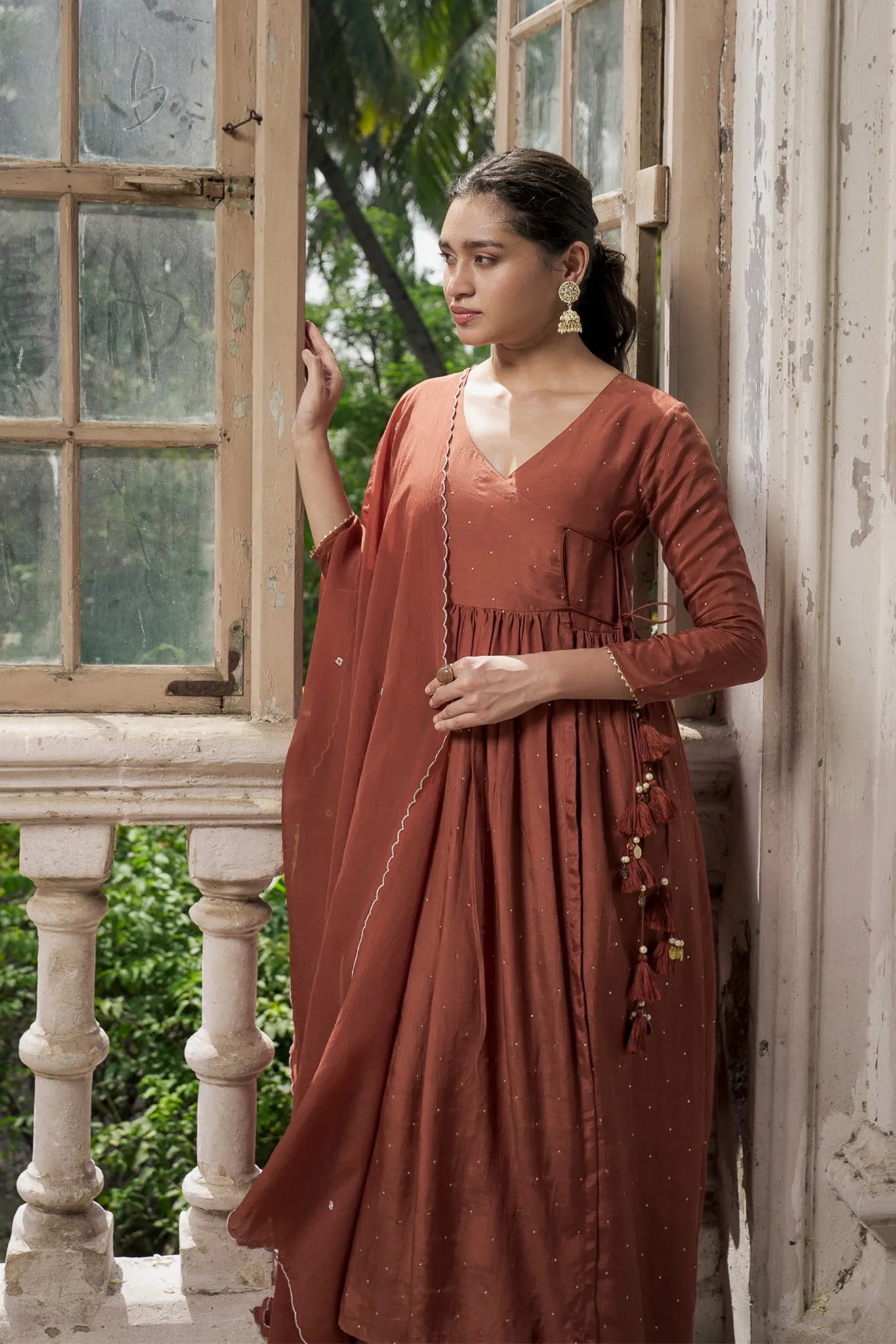 Walnut Brown Angrakha with Mukes Work and Tassels