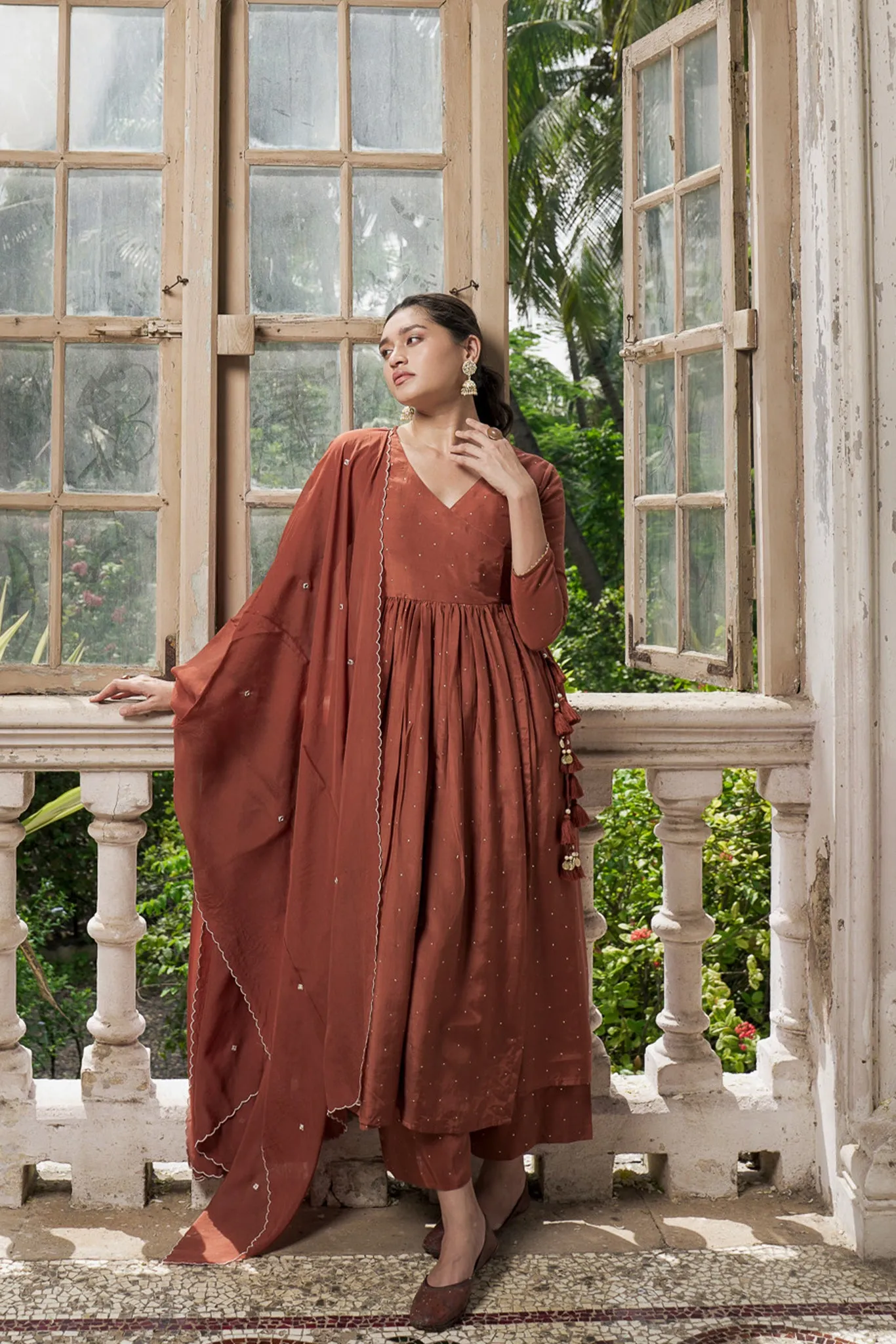 Walnut Brown Angrakha with Mukes Work and Tassels