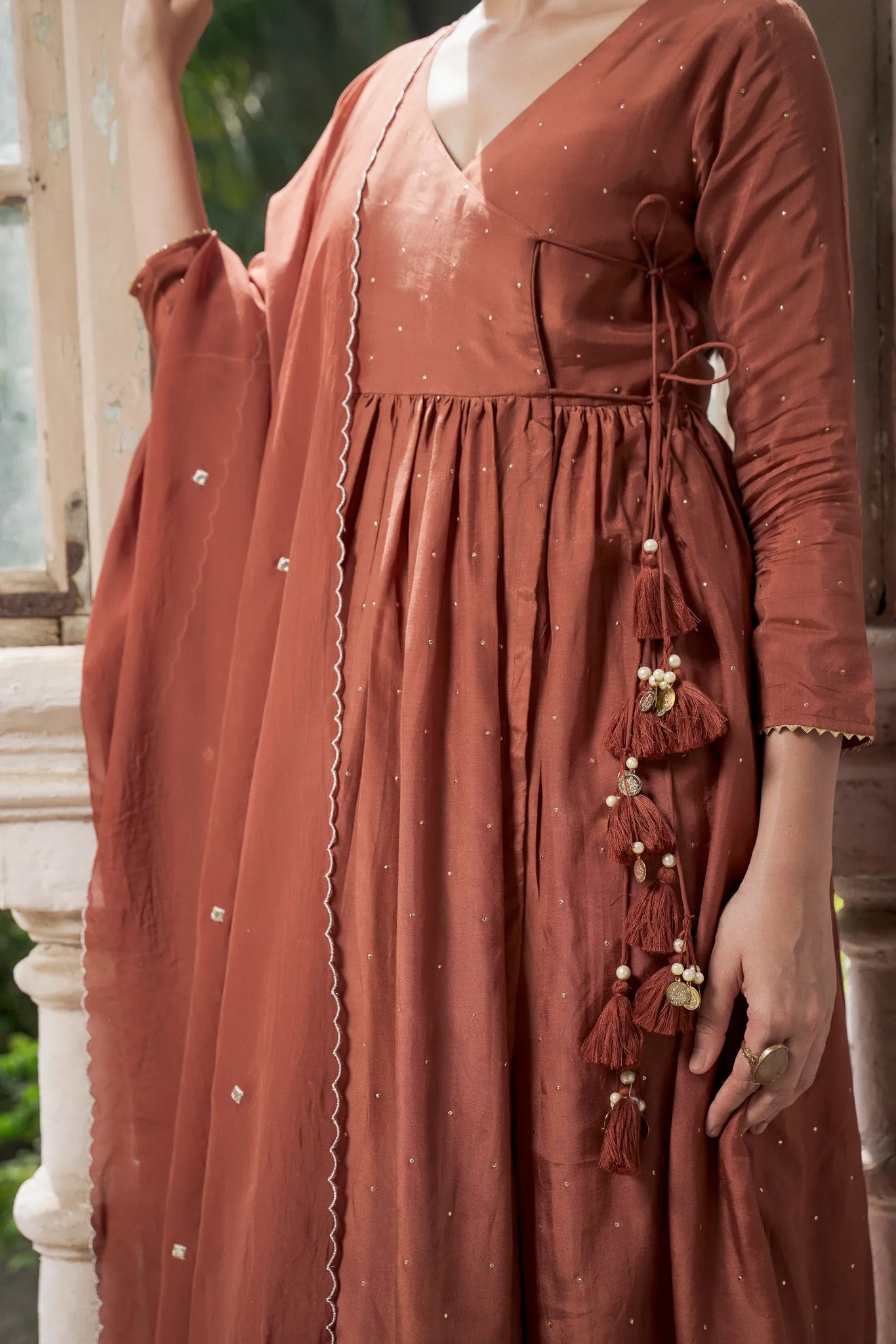 Walnut Brown Angrakha with Mukes Work and Tassels
