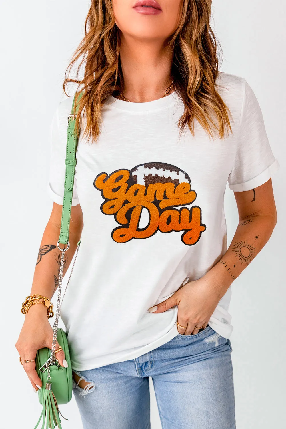 White Chenille Game Day Rugby Football Pattern Crewneck T Shirt