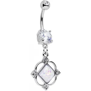 White Faux Opal Clear Gem Fancy Pants Frame Dangle Belly Ring