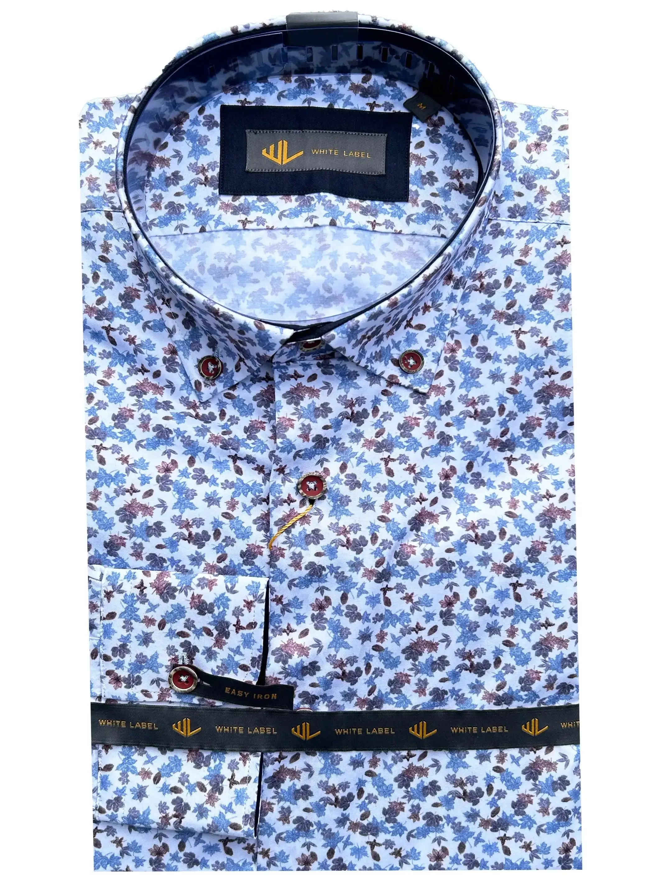 White Label Casual Shirt Navy Burgundy Autumn Leaf Print