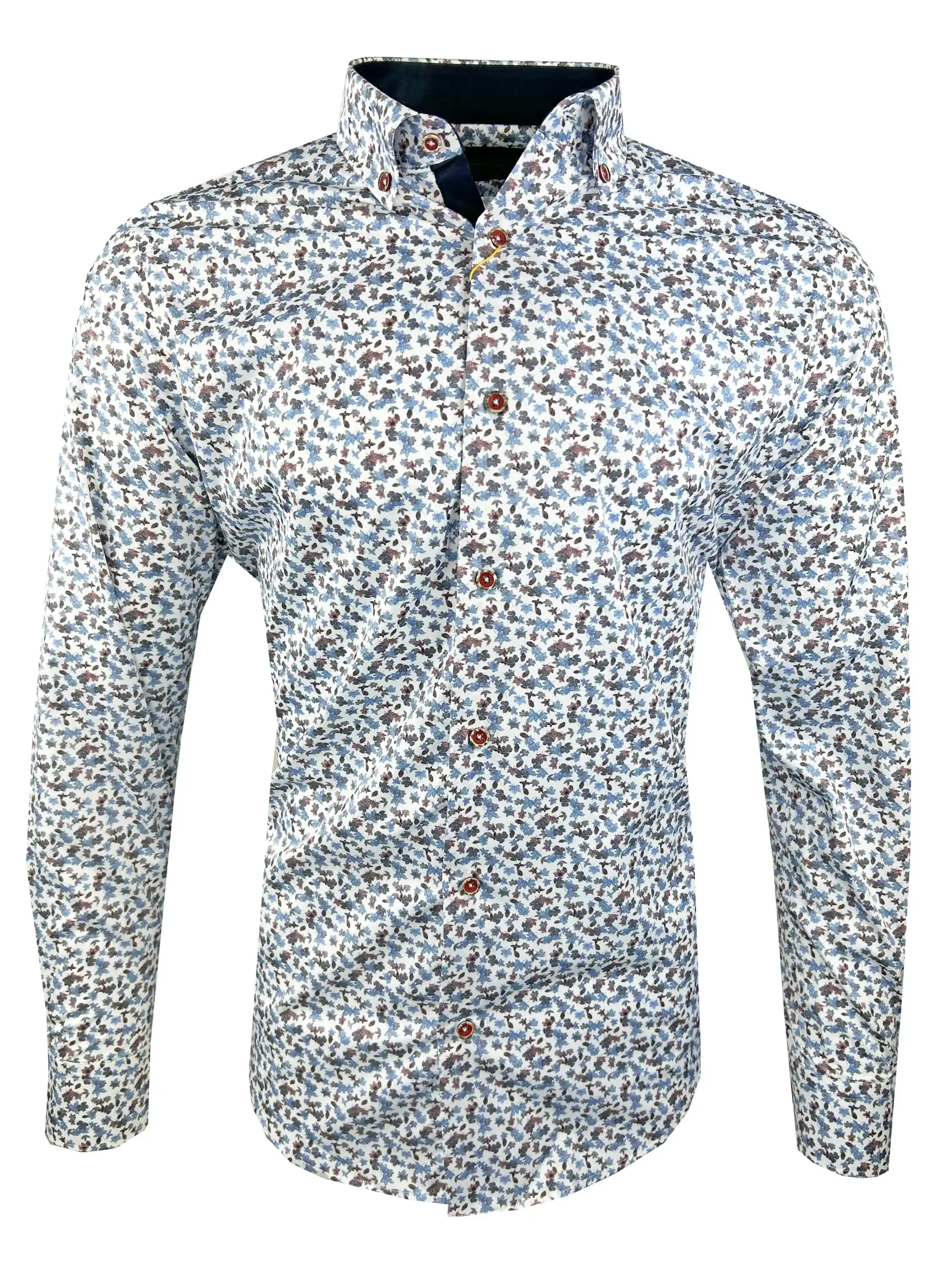 White Label Casual Shirt Navy Burgundy Autumn Leaf Print
