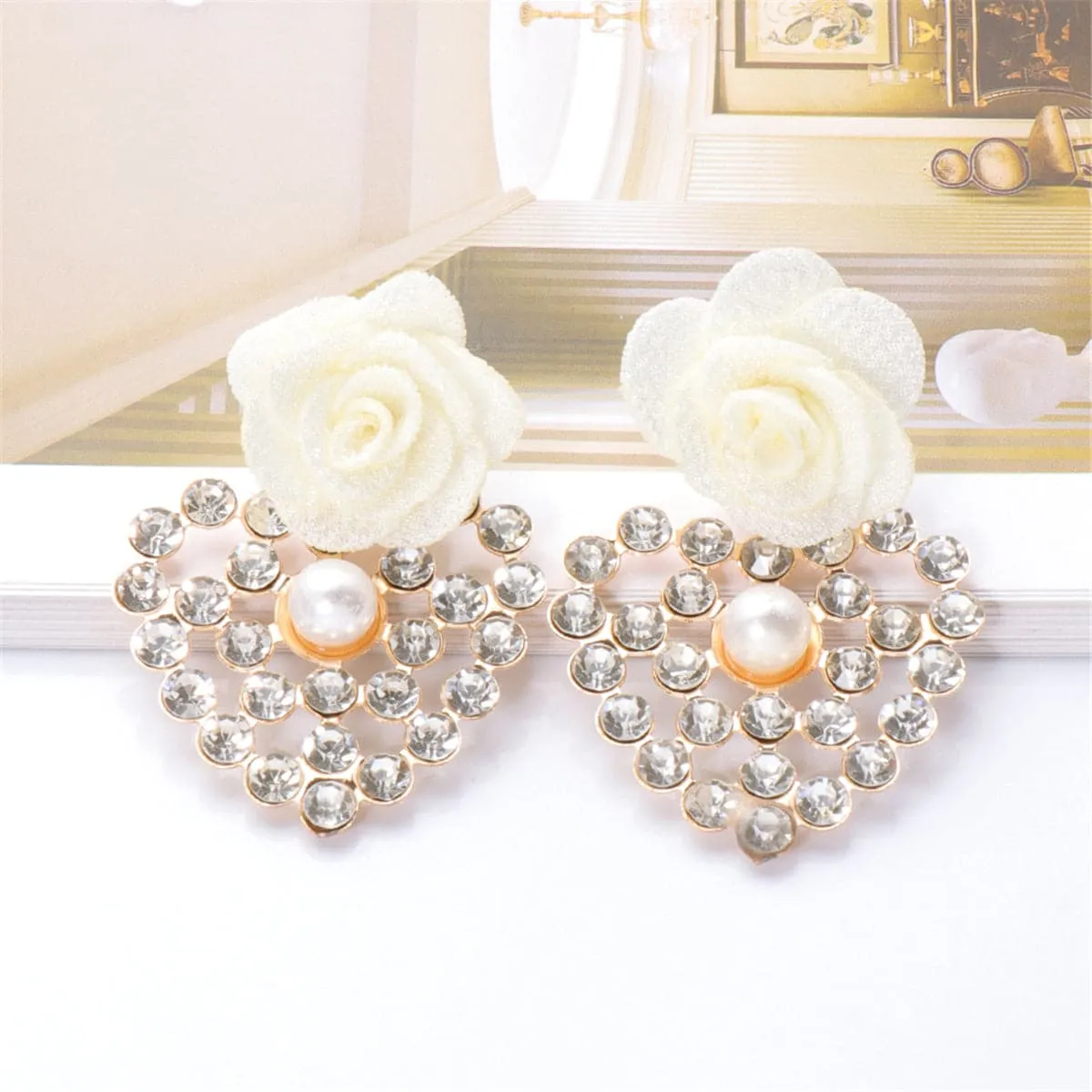 White Lace & Cubic Zirconia Flower Drop Earrings