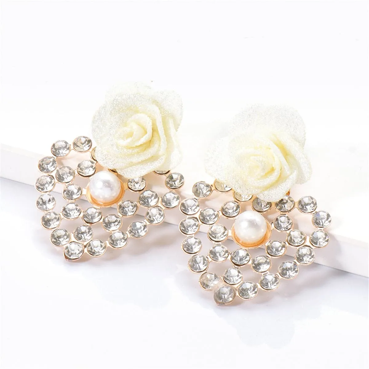 White Lace & Cubic Zirconia Flower Drop Earrings