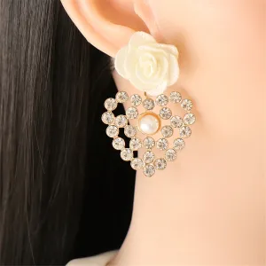 White Lace & Cubic Zirconia Flower Drop Earrings