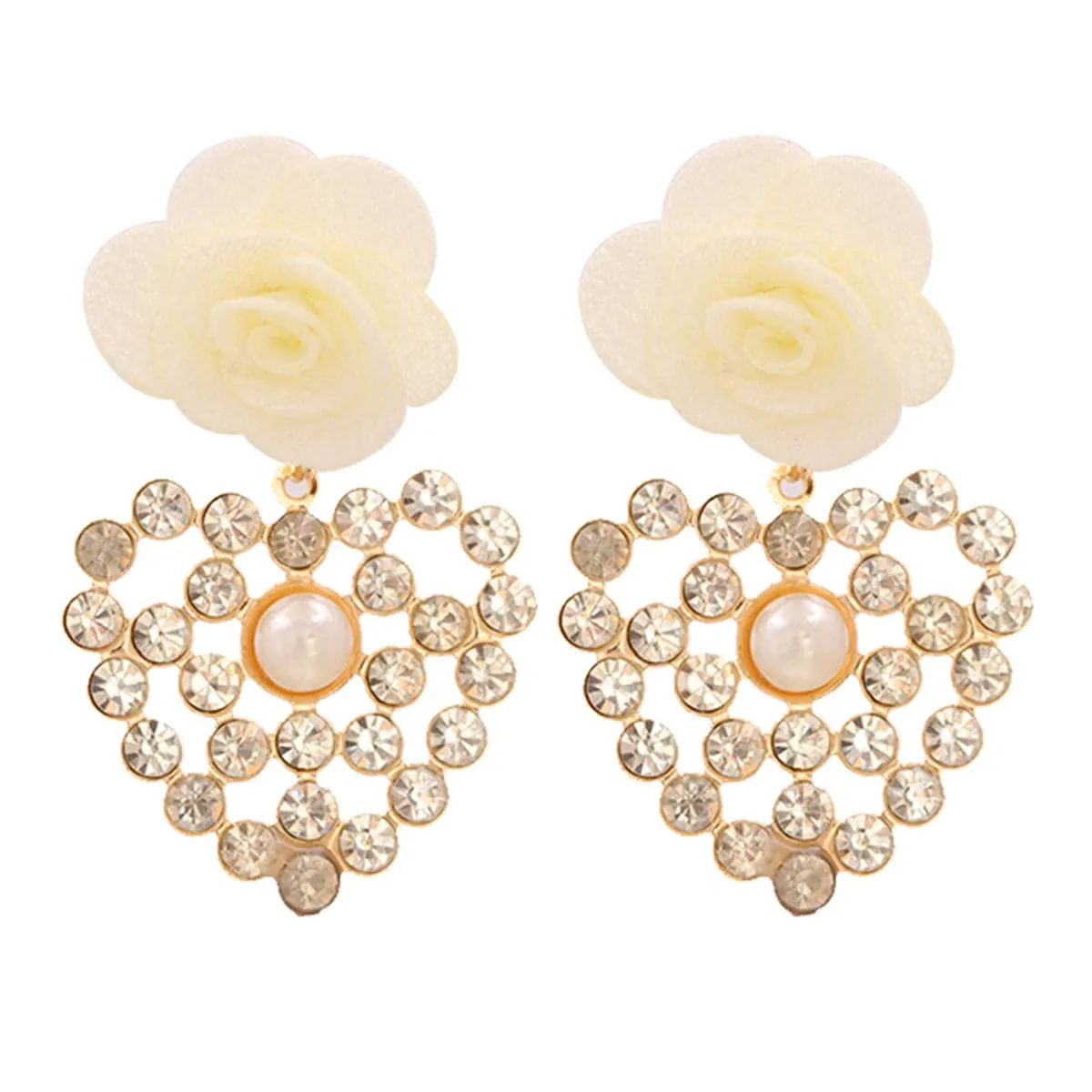 White Lace & Cubic Zirconia Flower Drop Earrings