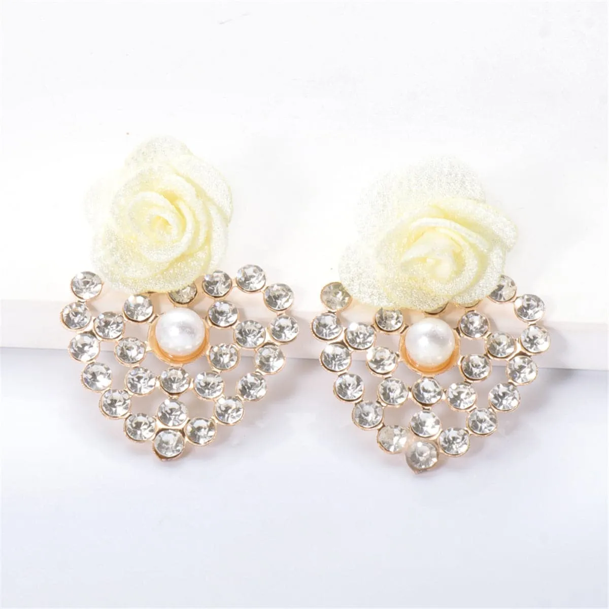 White Lace & Cubic Zirconia Flower Drop Earrings