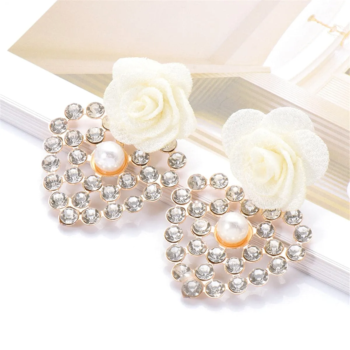 White Lace & Cubic Zirconia Flower Drop Earrings