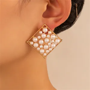 White Pearl & 18K Gold-Plated Rhombus Stud Earrings