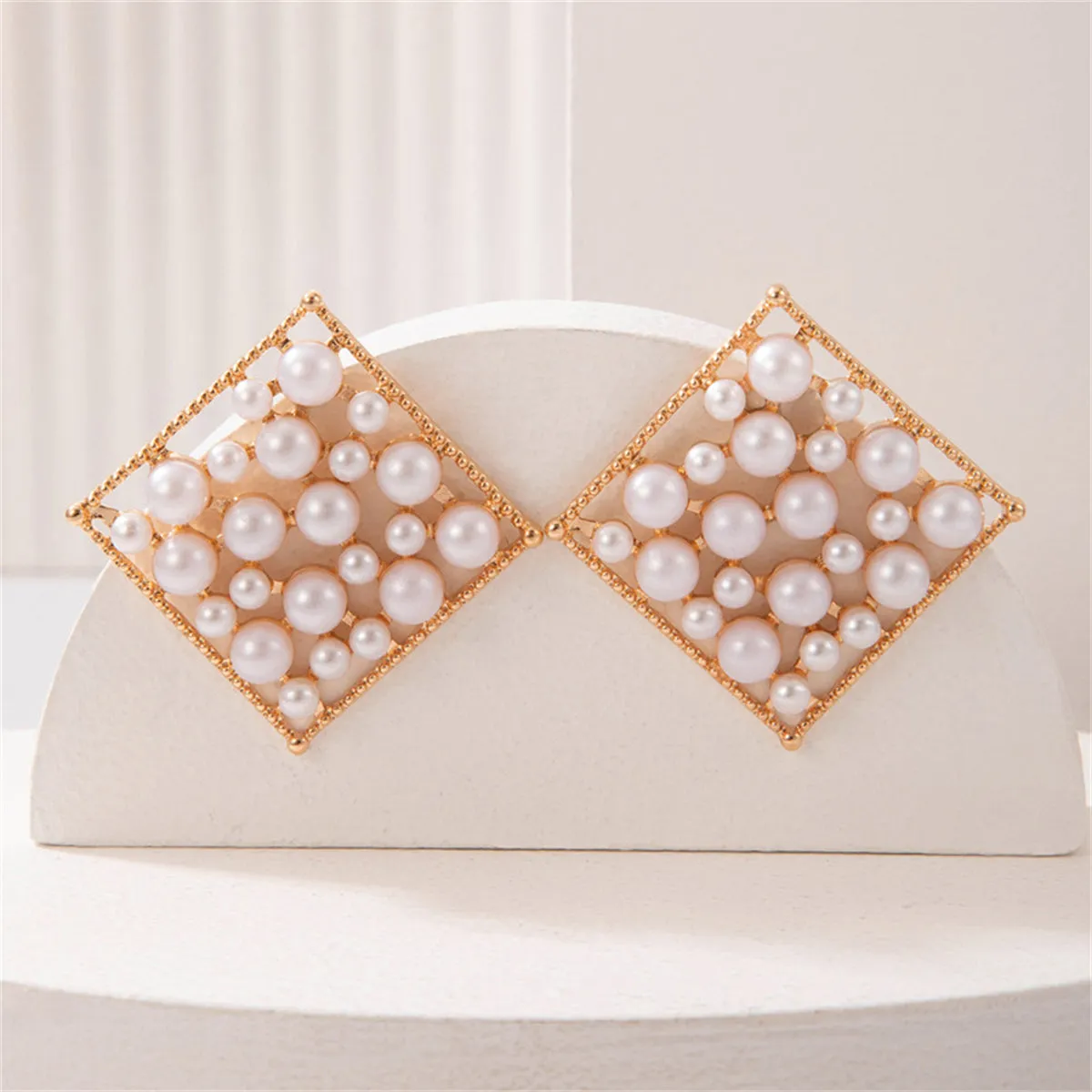 White Pearl & 18K Gold-Plated Rhombus Stud Earrings
