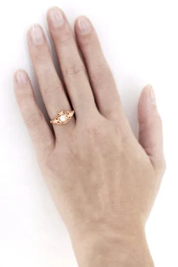 White Sapphire Filigree Scroll Dome Edwardian Engagement Ring in 14 Karat Rose Gold