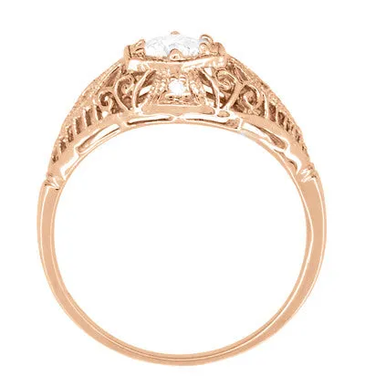 White Sapphire Filigree Scroll Dome Edwardian Engagement Ring in 14 Karat Rose Gold