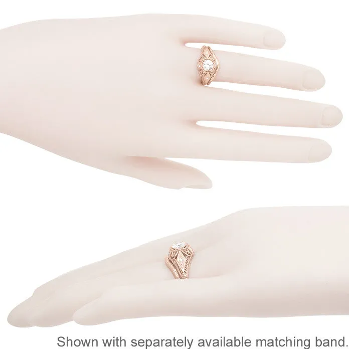 White Sapphire Filigree Scroll Dome Edwardian Engagement Ring in 14 Karat Rose Gold