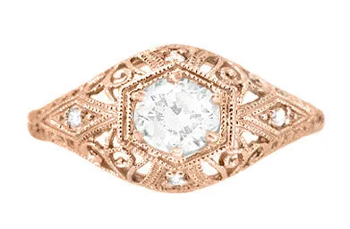 White Sapphire Filigree Scroll Dome Edwardian Engagement Ring in 14 Karat Rose Gold