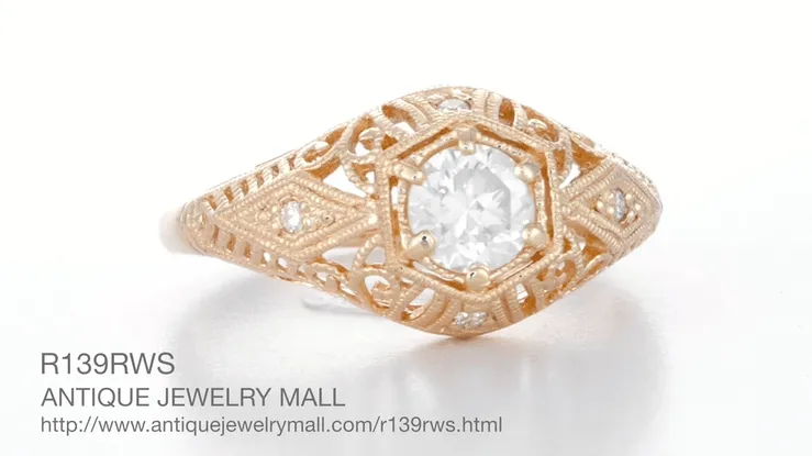 White Sapphire Filigree Scroll Dome Edwardian Engagement Ring in 14 Karat Rose Gold