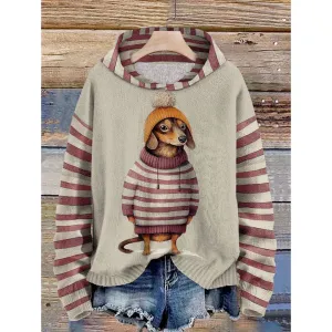 Women's Striped Cozy Dachshund Print Hoodie | Warm