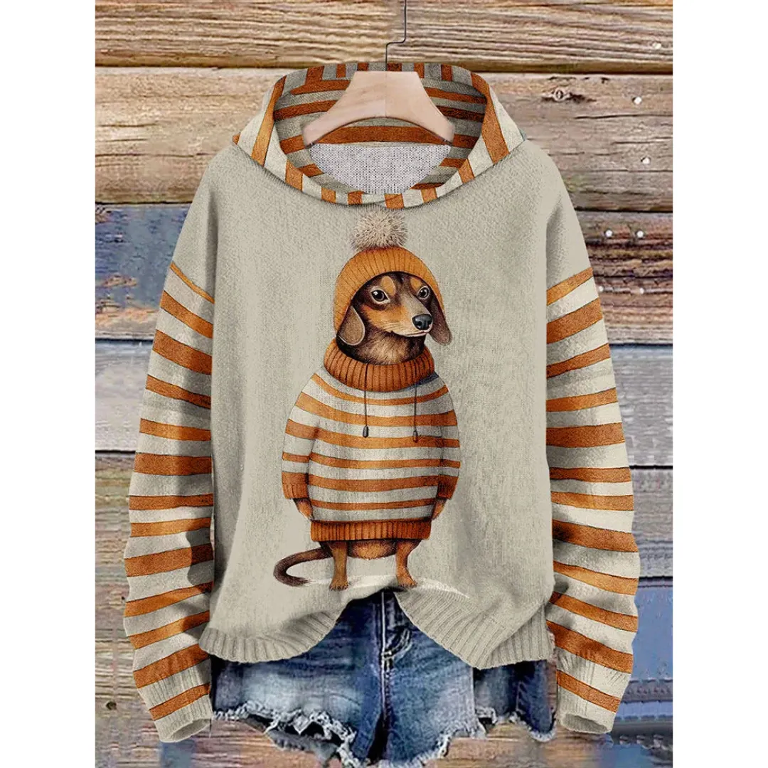 Women's Striped Cozy Dachshund Print Hoodie | Warm