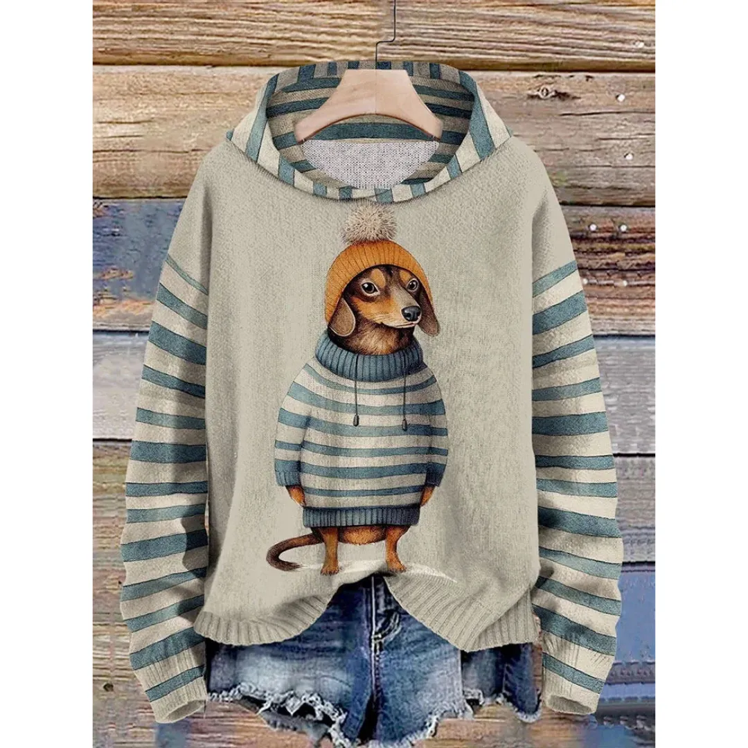 Women's Striped Cozy Dachshund Print Hoodie | Warm