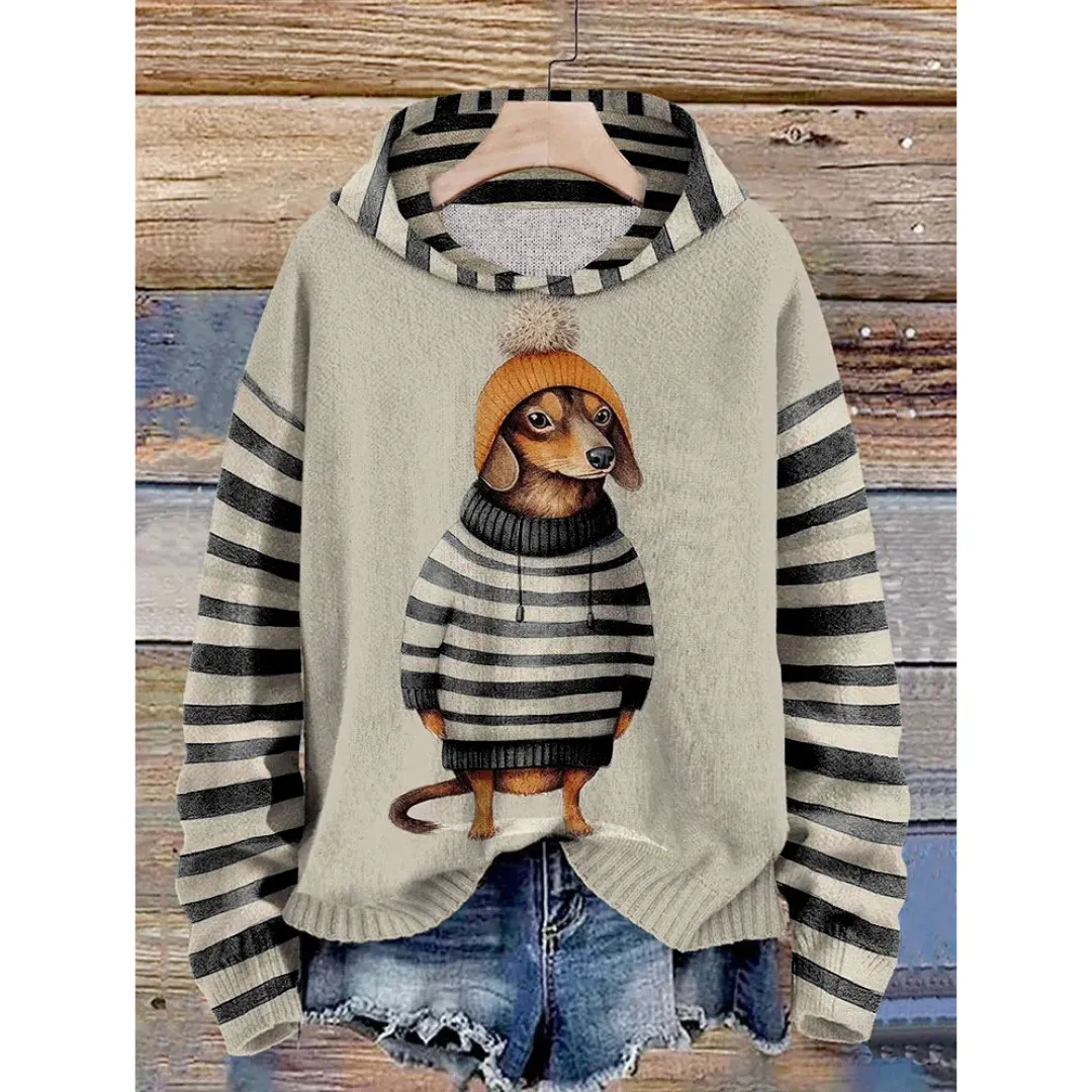 Women's Striped Cozy Dachshund Print Hoodie | Warm