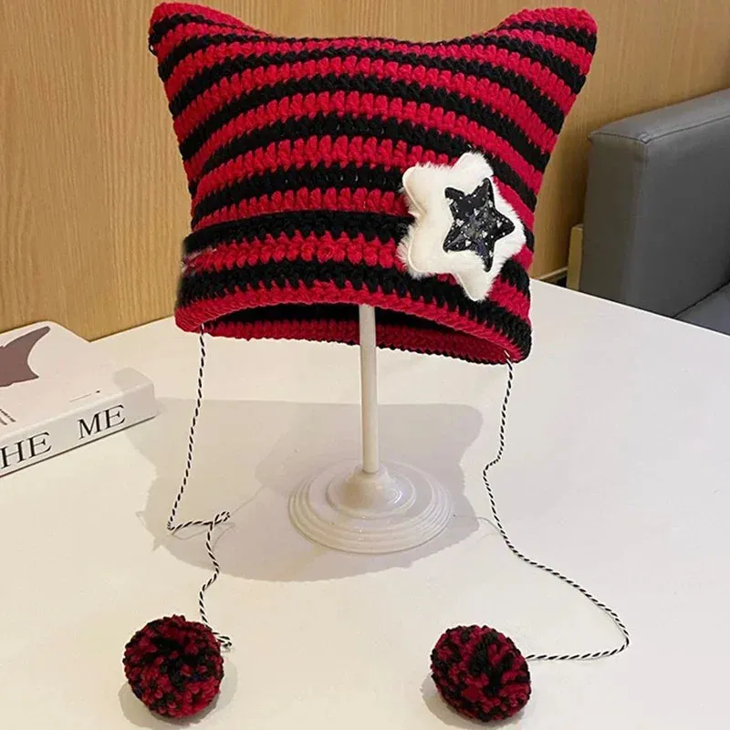 Y2K Cute Star Devil Knitted Beanie Hat Ins Skullies Striped Knitting Wool Cap Autumn Winter Cat Ears Pointed Pullover Women Hats