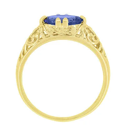 Yellow Gold Edwardian Fleur-De-Lys Filigree East to West Oval Tanzanite Ring