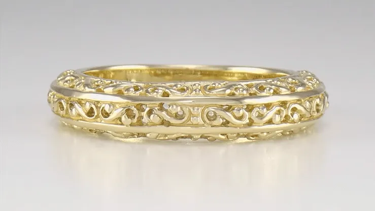 Yellow Gold Edwardian Flowing Filigree Scrolls Wedding Ring