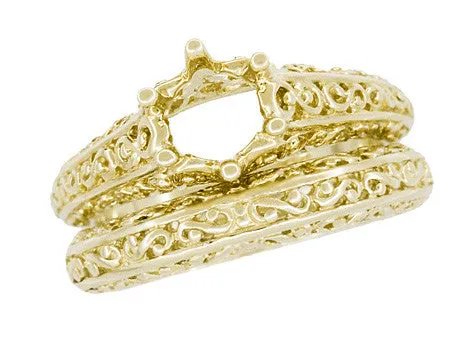 Yellow Gold Edwardian Flowing Filigree Scrolls Wedding Ring