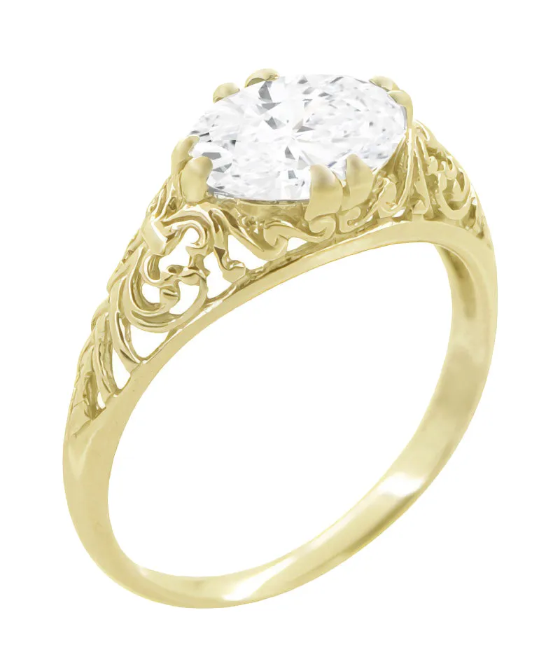 Yellow Gold Edwardian Scroll Filigree East to West Oval Diamond Engagement Ring - 1.10 Carat
