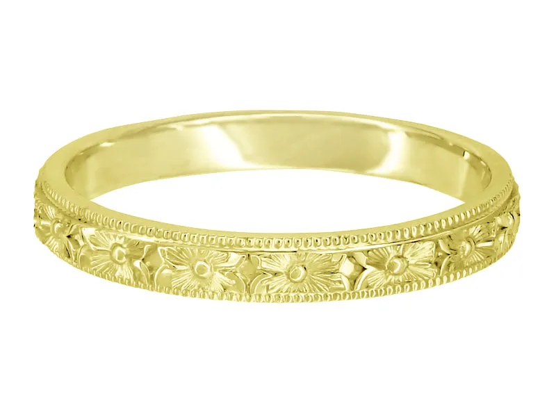 Yellow Gold Vintage Carved Pansy Flowers Edwardian Wedding Ring