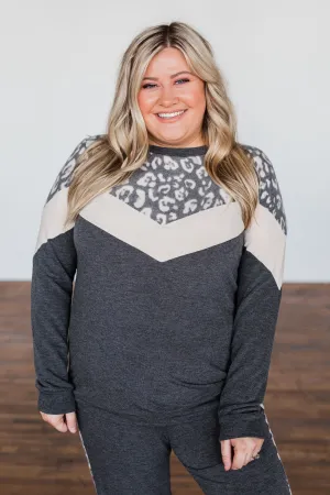 Young And Wild Color Block Pullover- Leopard, Beige, Charcoal