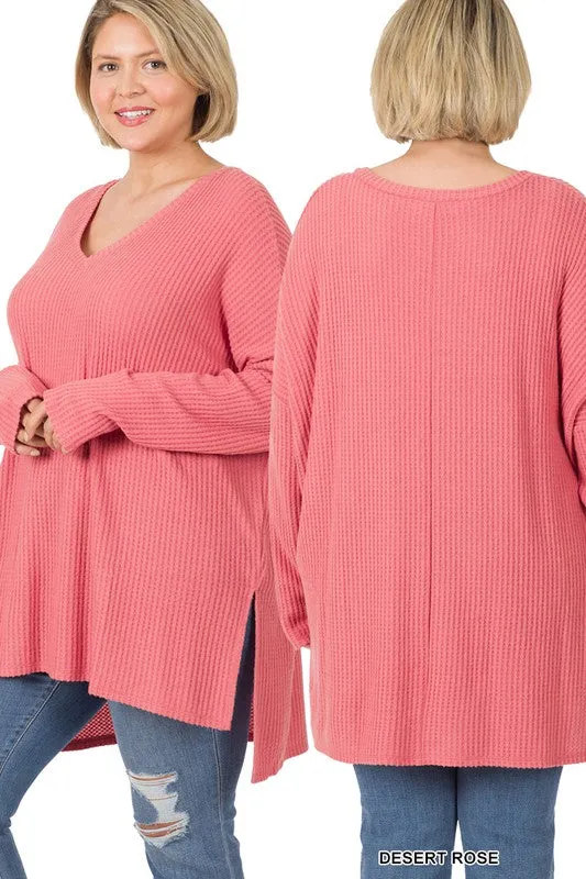 ZENANA Plus Brushed Thermal Waffle V-Neck Sweater