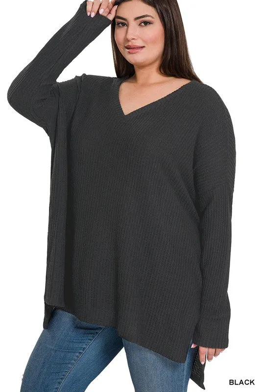 ZENANA Plus Brushed Thermal Waffle V-Neck Sweater
