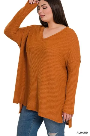 ZENANA Plus Brushed Thermal Waffle V-Neck Sweater