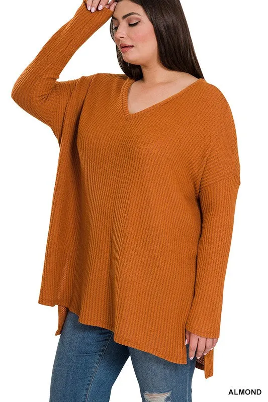 ZENANA Plus Brushed Thermal Waffle V-Neck Sweater