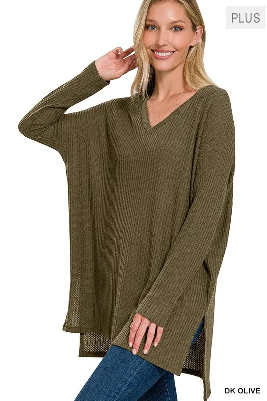 ZENANA Plus Brushed Thermal Waffle V-Neck Sweater